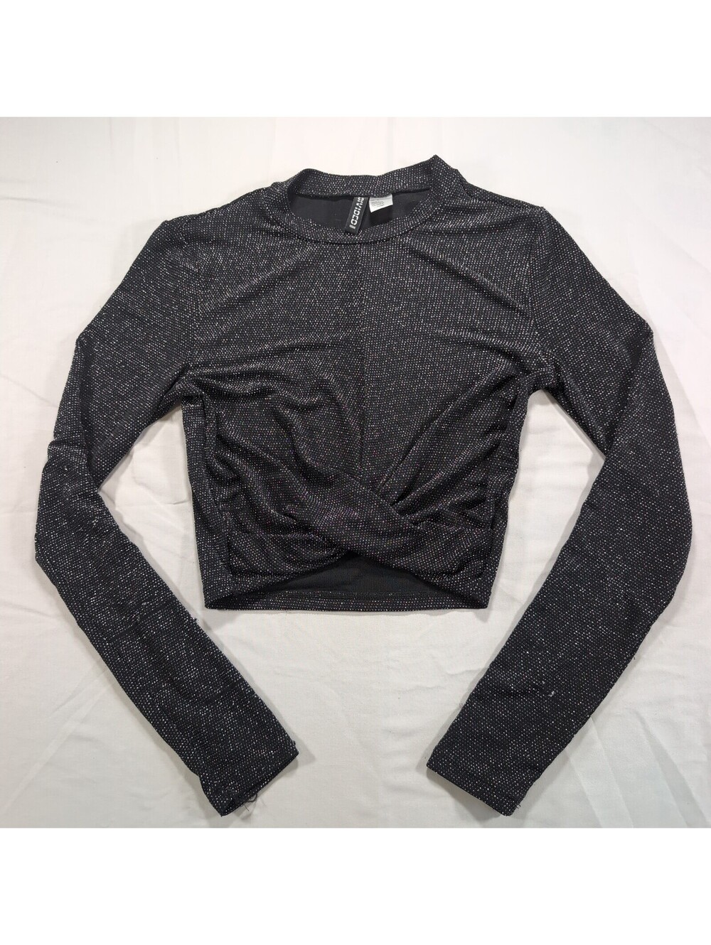 H&M Divided Black Silver Glitter Twist Front Long Sleeve Crop Top - Size S